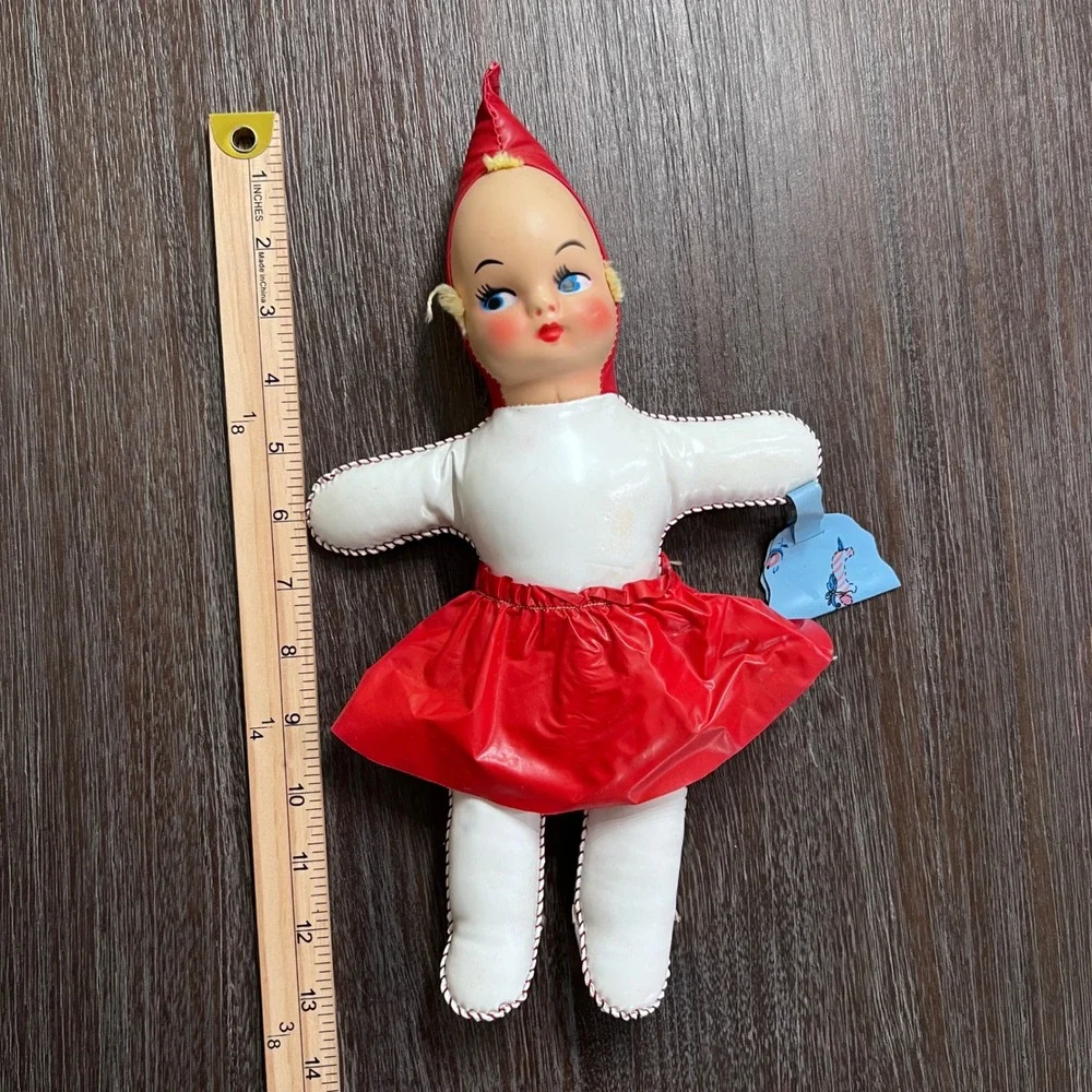Vintage Elf Doll Plush‎ Toy Red Vinyl Dress Blue Eyes Creepycore Decor